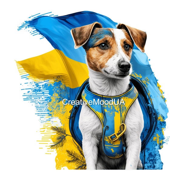 PNG Dog Patron service dog of the Jack Russell Terrier breed from Ukraine/Digital illustration. Help the animals of Kherson