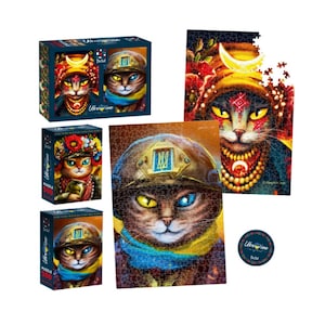 Rompecabezas 2 en 1: Gato guerrero ucraniano y gatitos molfarka ucranianos de Mariana Pashchuk + regalo de Ucrania