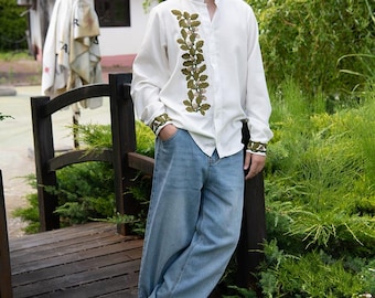Stylish Linen Blend Ukrainian Boy Vyshyvanka Shirt with Oak Embroidery Ages 5–15