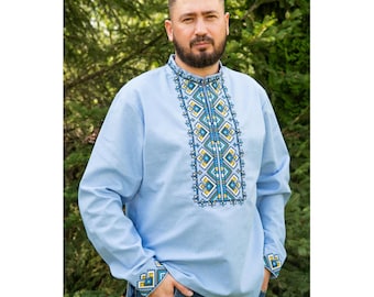 Camicia Vyshyvanka ucraina blu da uomo, camicia popolare ricamata in lino