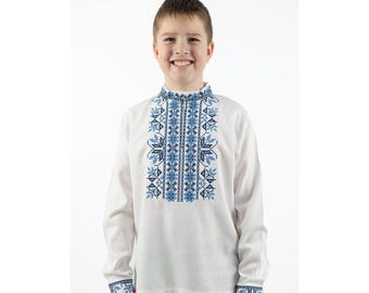 Boys' White Linen Embroidered Shirt, Ukrainian Ethnic Design