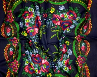 Ukrainian Floral Scarf: Dark Blue Boho Shawl with Gift Box