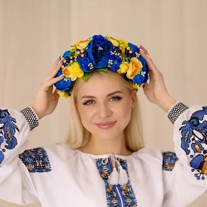 Ukrainian crown of yellow and blue flowers. Designer handmade hair decoration.Tiara. Head wreath. Flower Tiara. Wedding Accessory + gift