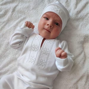 Costume with Ukrainian designer embroidery Silver Star for baptism. Made in Ukraine. Festive clothes for babies+a surprise gift from Ukraine
