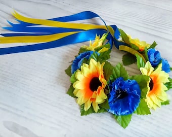 Ukrainian children's flower crown of wild flowers: cornflowers, sunflowers with yellow, blue ribbons. Hair ornament + gift from Ukraine