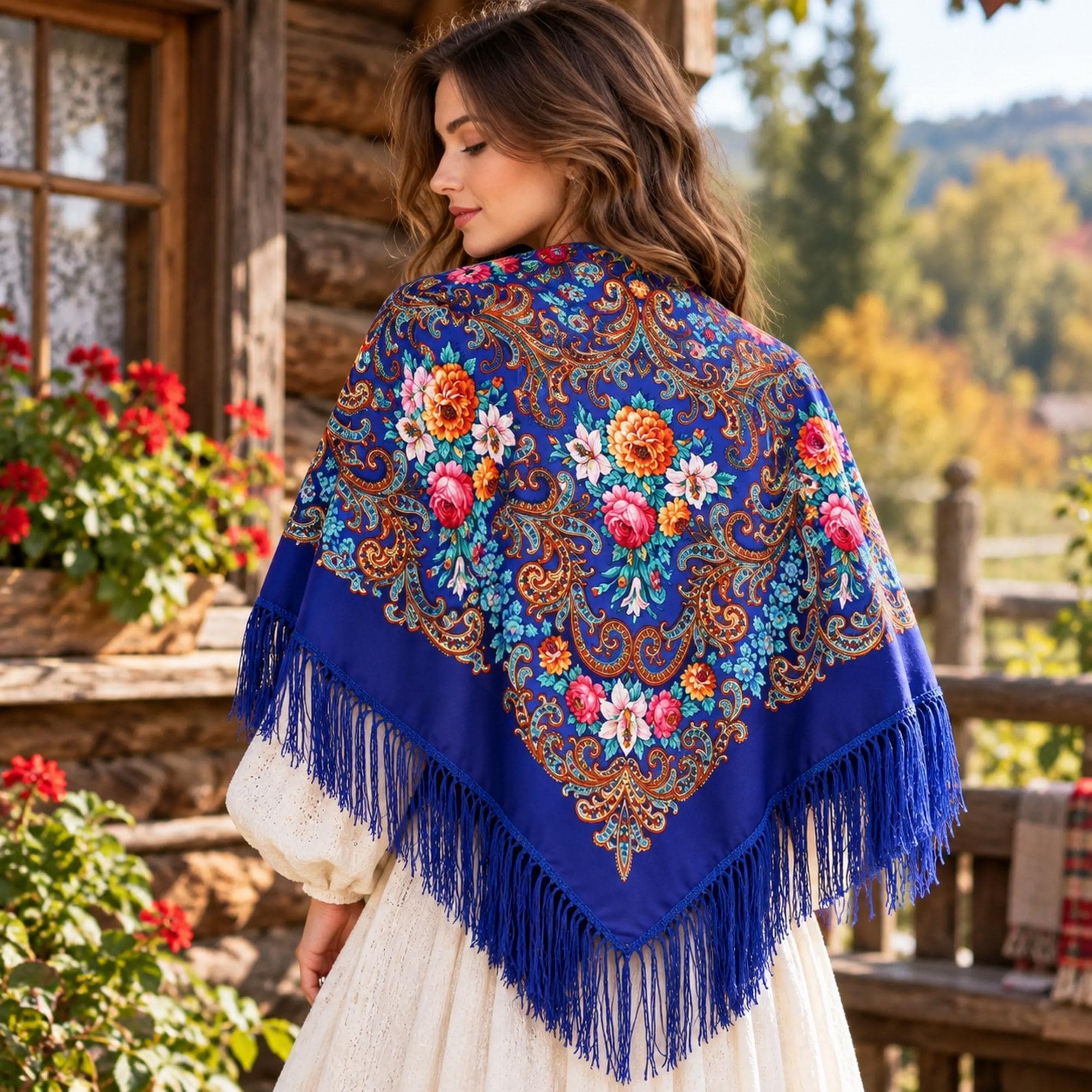 Ukrainian Shawl: Blue Floral Boho Fringe Scarf - Etsy