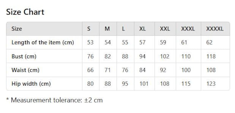 May include: Size chart for clothing with measurements in centimeters for length, bust, waist, and hip width. Sizes range from S to XXXXL.
