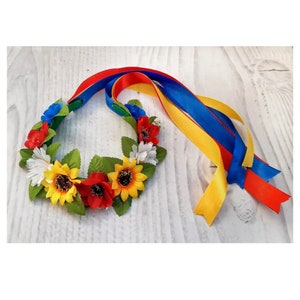 Children&#39;s traditional national Ukrainian flower crown with multi-colored ribbons Hair decoration from poppies cornflowers sunflowers+gift