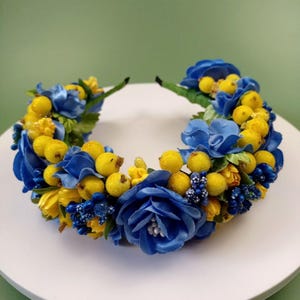 Beautiful crown of blue-cornflower flowers and yellow frosted berries. Made in Ukraine. Handmade Accessory. Wedding decoration+surprise gift