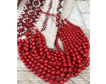 Red wooden necklace in Ukrainian ethnic style with 10 rows. In gift packaging. Ecological handmade jewelry