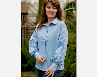 Linen Vyshivanka Shirt, Light Blue Ukrainian Embroidered Blouse