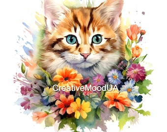 Watercolor Cat Flower Clipart Bundle – Hand-Painted Illustrations (Digital Download)