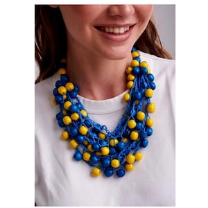 Wooden multi-row necklace of blue and yellow beads in the colors of the Ukrainian flag. Handmade. Gift wrapping + surprise gift from Ukraine