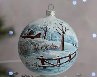 Handmade Christmas tree ball Winter house on the hill in a gift box. Christmas decor, Hand painted. Made in Ukraine + surprise gift