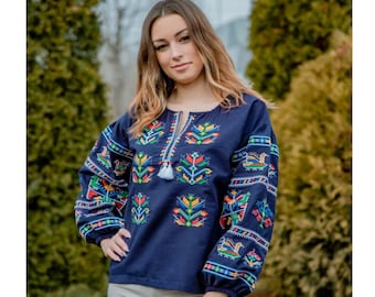 Dark blue ethnic women's Ukrainian linen embroidered blouse with incredibly beautiful Carpathian embroidery. Modern design-folk motifs +gift