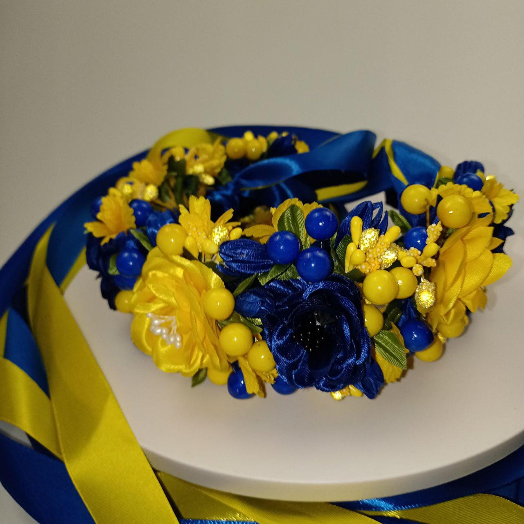 Ukrainian Flower Crown With Yellow & Blue Ribbons, Handmade  display picture 3