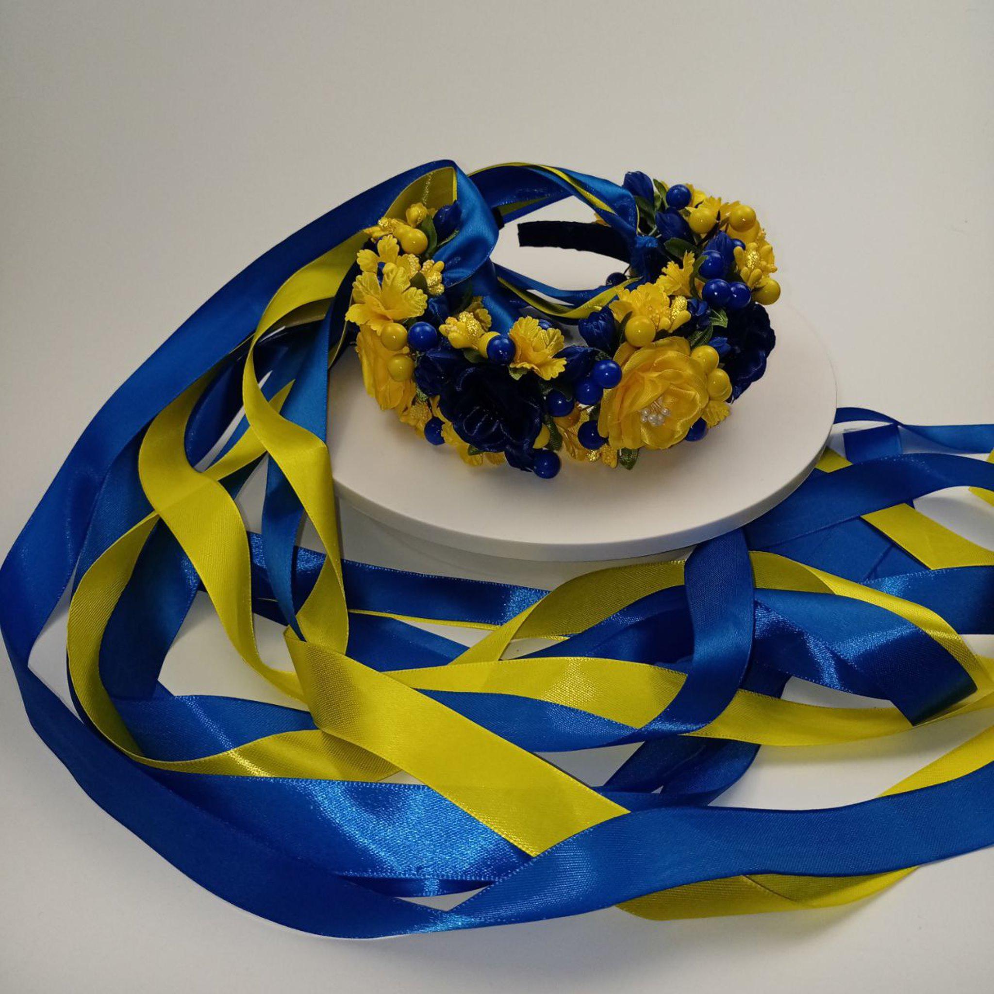 Ukrainian Flower Crown With Yellow & Blue Ribbons, Handmade 