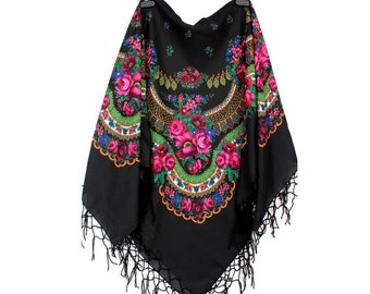 Chal ucraniano floral: bufanda de lana negra con flecos bohemios