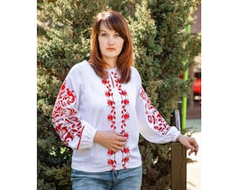 Ukrainian Vyshyvanka Blouse, White Linen Red Floral Embroidery