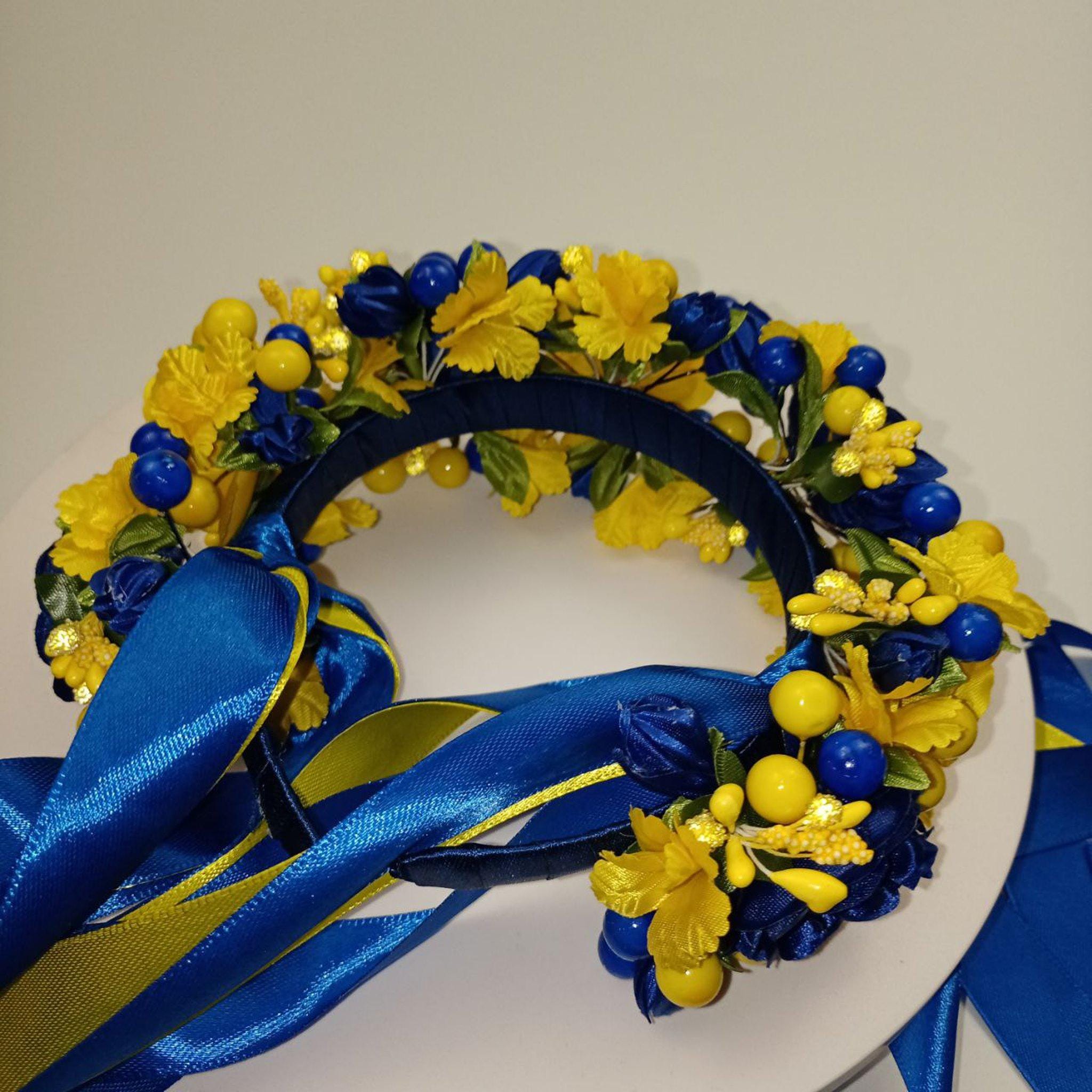 Solomia hand crafted Flower Crown blue/yellow Ukrainian Flower Crown With Yellow & Blue Ribbons, Handmade  main image 4