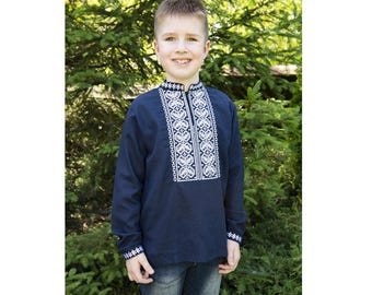 Boys' Dark Blue Linen Vyshyvanka Shirt - Ukrainian Embroidery