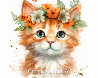 Watercolor Cats with Flower Crowns | PNG JPG Clipart Set | Digital Download