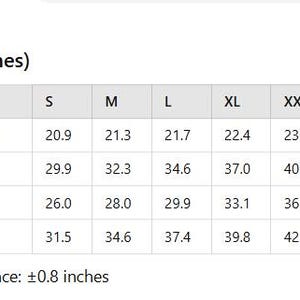 May include: Size chart for clothing in inches. The chart shows measurements for length, bust, waist, and hip width for sizes S through XXXXL.