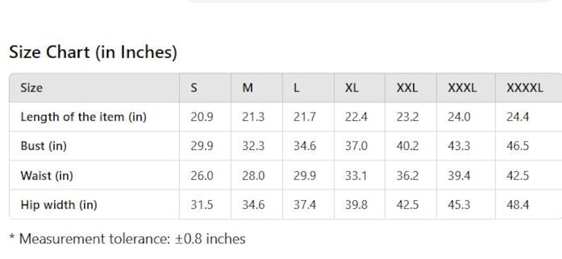 May include: Size chart for clothing in inches. The chart shows measurements for length, bust, waist, and hip width for sizes S through XXXXL.