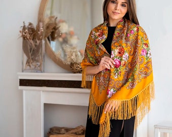 Ukrainian Floral Scarf, Mustard Blend Shawl with Fringe