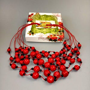 Ukrainian handmade wooden beads from Carpathian beech red and black in a gift box. Original accessory for women + surprise gift from Ukraine
