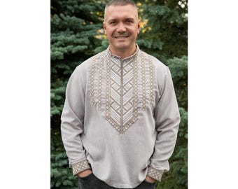 Ukrainian Linen Embroidered Shirt: Coffee-Colored, Ethnic Design