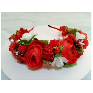 Handmade Ukrainian flower crown made of red and white flowers, pearl berries. Hair ornament. Hair accessory + gift from Ukraine