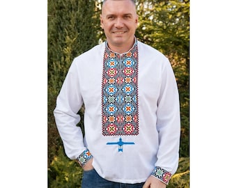 White Linen Ukrainian Embroidered Shirt: Alatyr Star, Ethnic Folk Style
