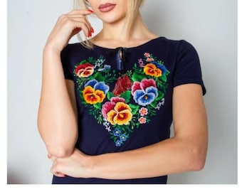 Dark blue women&#39;s embroidered t-shirt with beautiful floral Pansy embroidery. Women&#39;s summer clothes. Sizes S-3XL+surprise gift from Ukraine