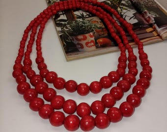 Red three-row Ukrainian handmade necklace made of natural beech in a gift box. Eco-friendly jewelry for women + surprise gift from Ukraine