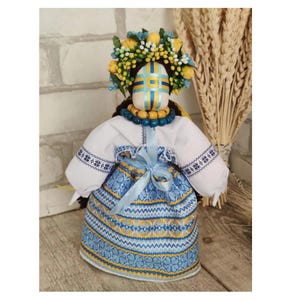 Ukrainian textile magical pagan motanka doll in national dress with flower crown with ribbons. Charm for family and home+surprise gift