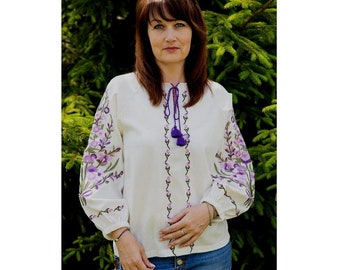Linen Embroidered Blouse: Boho Ukrainian Top, Lavender Lilac Flowers