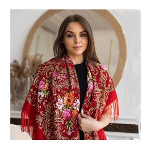 Beautiful bright women&#39;s accessory in boho style Big red shawl with fringe and floral pattern in folk style Square saffron+gift from Ukraine