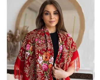 Ukrainian Red Floral Shawl, Boho Fringe Scarf