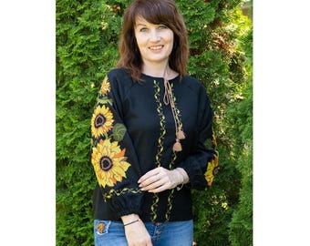 Linen Ukrainian Blouse | Sunflower Embroidery Vyshyvanka Shirt