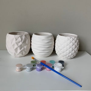 May include: Three white ceramic planters with different textured surfaces, a paintbrush, and a set of ten small paint pots in various colors.