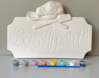 DIY Pottery Painting Kit, Bon Appetit Plaque, Dining Room Decor, Kitchen decor, Art Kits for Kids, Kids Art Kits, Ready-to-Paint Ceramic