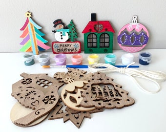 Assorted wood Ornament Painting Kit, Christmas Craft, DIY Stocking Stuffer, Christmas party craft, wood ornaments, Christmas paint event