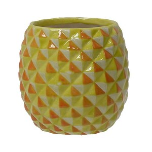 Puede incluir: Maceta de cer&aacute;mica amarilla y naranja con forma de pi&ntilde;a y un patr&oacute;n geom&eacute;trico.
