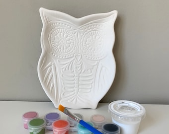 Day of the Dead owl dish, Halloween decor, DIY Pottery Painting Kit, Art Kits for Kids, Kids Art Kits, Craft Art Party Supply, spooky decor