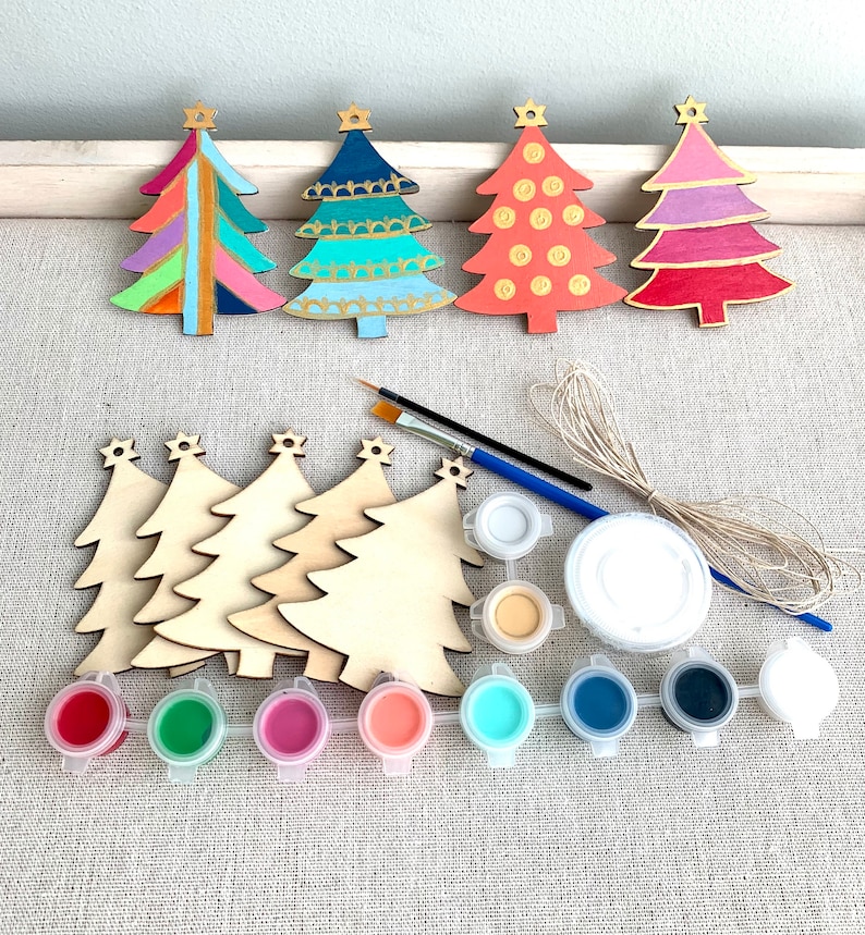 Christmas in July, Tree Ornament Painting Kit, Christmas Craft, Wooden Christmas tree, Mod Kit, Stocking Stuffer, Christmas party craft image 6