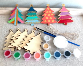 Christmas in July, Tree Ornament Painting Kit, Christmas Craft, Wooden Christmas tree, Mod Kit, Stocking Stuffer, Christmas party craft