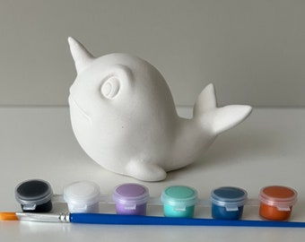 Kit de pintura de cerámica Narwhal, kit para fiestas de pintura, cerámica lista para pintar, kit de pintura de cerámica para el hogar, kits de manualidades de cerámica para fiestas de cumpleaños,