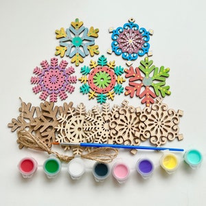 Assorted Ornament Painting Kit, Snowflake Ornaments, Wooden Ornaments, DIY Stocking Stuffer, Christmas party craft, Ornament paint partykits