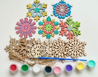 Assorted Ornament Painting Kit, Snowflake Ornaments, Wooden Ornaments, DIY Stocking Stuffer, Christmas party craft, Ornament paint partykits